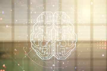 Poster - virtual creative artificial intelligence hologram with human brain sketch on empty corporate office 