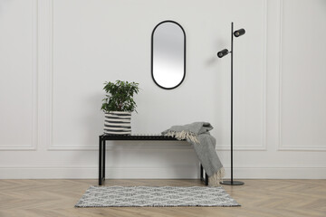 Sticker - Modern hallway with bench and floor lamp. Interior design