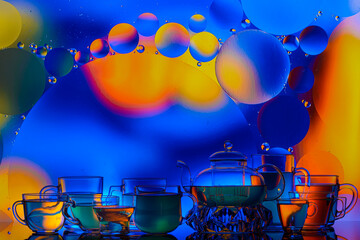 Wall Mural - transparent glass teapot and cups with tea and oily drops on colorful background 