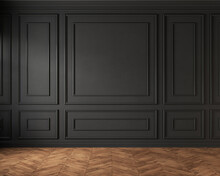 Classic Loft Interior With Black Wall Panel And Moldings. 3d Render Illustration Mockup.