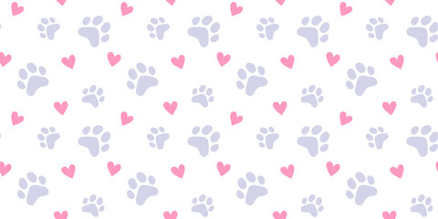 Vector illustration of animal paw print with heart on white color background. Flat style design of seamless pattern with cat paw