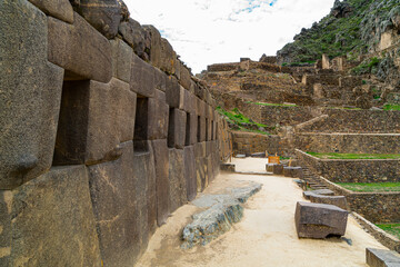 Terraces and rocks building at archaeological site in Ollantaytambo.