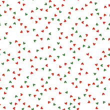 Seamless Pattern With Christmas Decoration. Green And Red Tiny Heart Pattern.