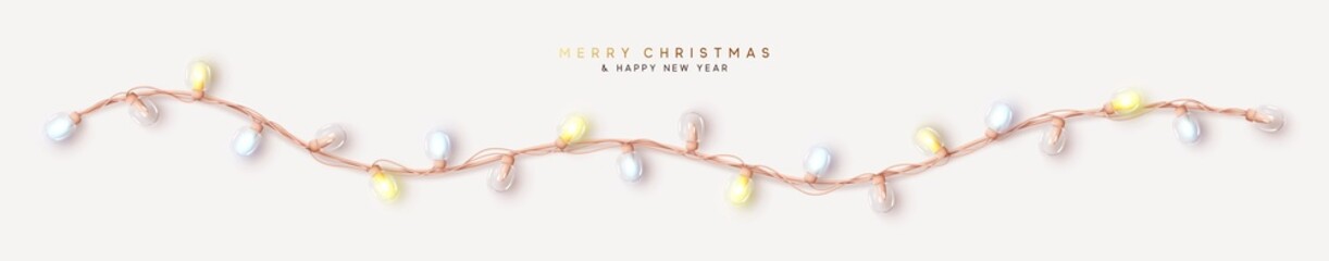 Wall Mural - Christmas decorations ribbon light garlands. Holiday decor. Soft pastel colors. Realistic 3d element for festive design. Vector illustration