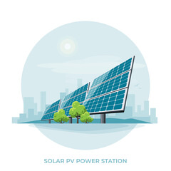 Wall Mural - Solar PV panel power plant station. Renewable sustainable photovoltaic solar park energy generation in circle with sun and urban city skyline. Isolated vector illustration on white background.