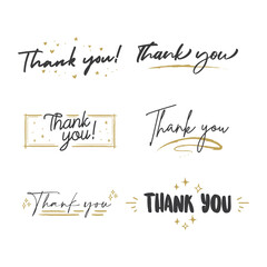 Thank You lettering compositions written with decorative calligraphic font. Bundle of gratitude phrase decorated with cute elements. Hand drawn thanks vector quotes.