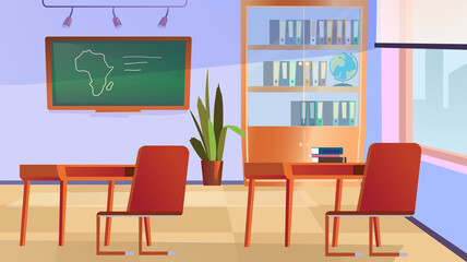 Geometry class interior concept. Room with school furniture - chalkboard, tables and chairs for students, bookshelf, houseplant, large window. Vector illustration background in flat cartoon design