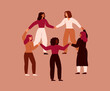 © Mary Long - Five women stand in a circle and hold hands together. Strong females hold on to each other. Concept of girl power and empowerment feminist community or friends support. Vector illustration