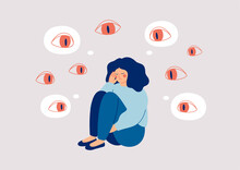 Sad Woman Surrounded By Giant Eyes Feeling Overwhelmed And Helpless. Depressed Girl Suffers From Phobias And Fears. The Psychological Concept Of Mental Disorder And Paranoia. Vector Illustration