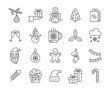 © texturis - Merry Christmas flat line icon vector set. Winter collection with Santa Claus, knitted cup, gift, snowman, petard, angel, garland. Editable stroke.