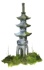 A japanese stone lantern for the garden hand drawn in watercolor isolated on a white background. Watercolor illustration. Landscape design element.