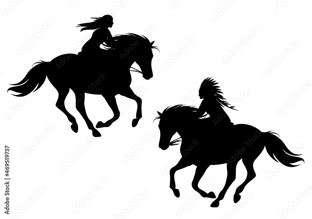 native north american tribal chief and indian woman riding galloping ...