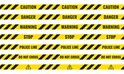 Yellow and black danger ribbons. Police line, crime scene, do not cross, construction site road