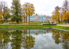 Catherine Palace As Seen From The Mirror Pond, Catherine Park, Pushkin (Tsarskoye Selo), Near St. Petersburg