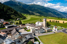 Aerial Of The Benedictine Convent Of St. John In Mustair, UNESCO World Heritage Site, Swiss Alps, Switzerland