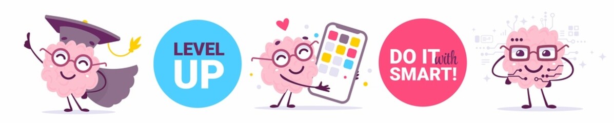 Vector set of creative illustration of happy brain character in