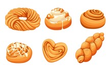 Isolated Cinnamon Roll Bun And Challah, Sweet Pastry Food Vector Design. Cartoon Dough Swirls, Heart Shaped Buns And Braided Bread, Topped With Sugar Icing, Cinnamon And Sesame Seeds, Bakery Menu