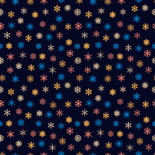 Christmas And New Year Seamless Pattern With Blue, Pink And Orange Snowflakes.