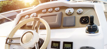 Steering Wheel On Luxury Yacht Cabin