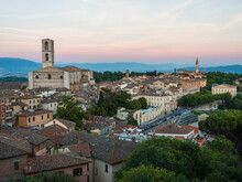 View Of Perugia's Cityscape From Giardini Carducci Viewpoint At Sunset, Perugia, Umbria, Italy