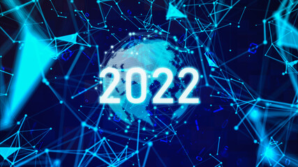 Poster - concept of new year 2022 vision technology and modern city with wireless network connection.global n