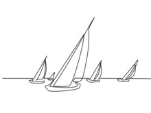Sailboats Under Full Sail At Sea. Sailing Logo. Continuous One Line Drawing.