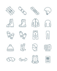 Outline set ski and snowboard equipment kit clothes vector icons for web design isolated on white background