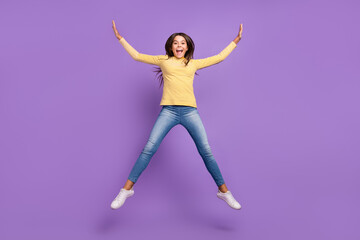 Canvas Print - Full size photo of young excited cheerful girl have fun energetic jump isolated over violet color background