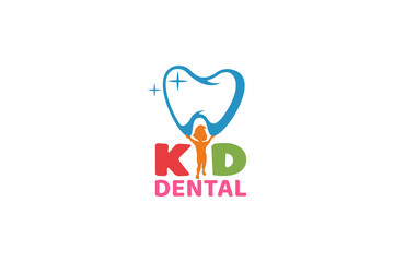 Wall Mural - Kid dental logo with a child holding a tooth as the icon.