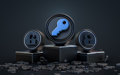 Wall Mural - key and unlock sign 3d rendering abstract look dark realistic iconic background with a podium stage