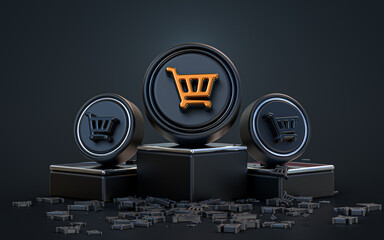 Wall Mural - shopping cart sign 3d rendering abstract look dark realistic iconic background with a podium stage