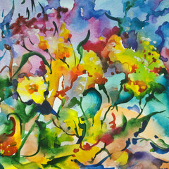 Abstract bright colored decorative background . Floral pattern handmade . Beautiful tender romantic bouquet of summer  flowers , made in the technique of watercolors from nature.