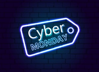 Wall Mural - Cyber Monday concept banner in fashionable neon style, luminous signboard, nightly advertising advertisement of sales rebates of cyber Monday.