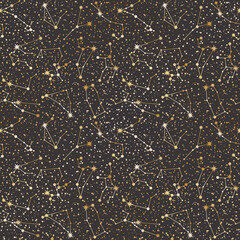 Wall Mural - Vector zodiac constellations. Celestial seamless pattern. Stylized astronomical star systems in gold color on a black. Background with astrological horoscope signs for wrapping paper and fabric