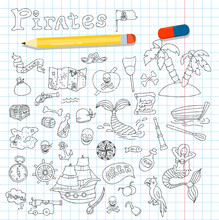 Vector Doodle Pirate Set. A Map With A Hand-drawn Sketch Of A Mermaid Ship And Pirate Items. Template For Children S Postcards. Map Of Treasure Island.