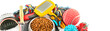 © alinamd - Pet accessories concept. Dry food, collars and rubber toys for pet on isolated white . Wide photo.
