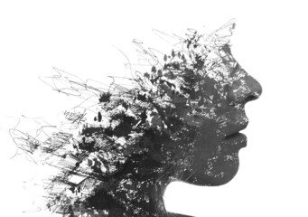 A black and white profile portrait of a woman combined with tangled ink lines and splashes in a paintography technique