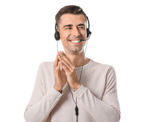 Poster - Male consultant of call center in headset on white background