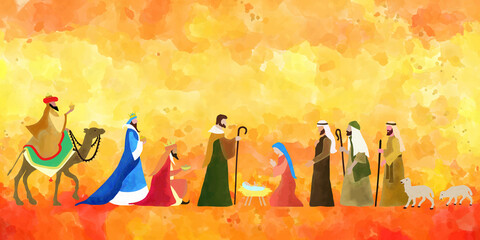 Christmas Nativity scene. Hand drawn background illustration. Vector EPS10.