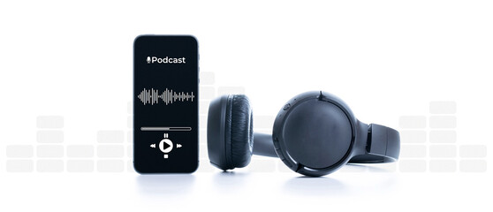 Podcast audio equipment. Audio microphone, sound headphones, podcast application on mobile smartphone screen. Recording sound voice on white background. Live online radio player mockup banner.