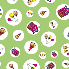 Wall Mural - Vector Green Party with cakes and balloons seamless background pattern