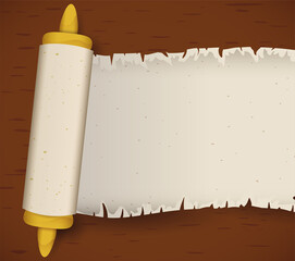 Ancient scroll with unrolled page over wooden table, Vector illustration