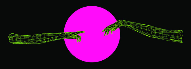 Aufkleber - Vector 3D model of hands going to touch together, reminiscent of Michelangelo's artwork. Cyberpunk and vaporwave style art collage.