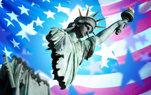 Statue Of Liberty On Background Of US Flag. Split Statue Of Liberty As A Symbol Of Division Of US Society. Illustration On Theme Of United States Of America. Restriction Of Freedom In USA