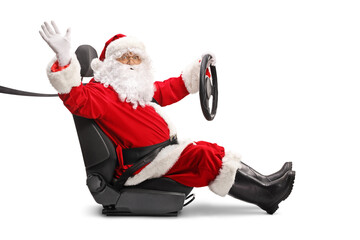 Wall Mural - Santa Claus in a car seat holding a steering wheel and waving at camera