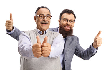 Poster - Happy mature man and a younger man behind showing both thumbs up