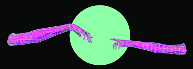 Aufkleber - Vector 3D model of hands going to touch together, reminiscent of Michelangelo's artwork. Cyberpunk and vaporwave style art collage.