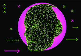 Poster - 3d, 90s, abstract, ai, art, artificial, background, cyber, cyberpunk, cyberspace, cyborg, digital, face, futuristic, graphic, grid, head, human, illustration, intellect, intelligence, logic, machine, 