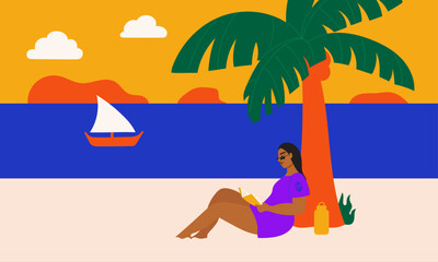 Wall Mural - Illustration of woman reading book at the beach