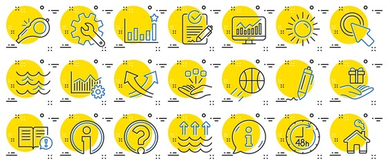 Poster - waves, sun, efficacy line icons. customisation, global warming, question mark icons. signature rfp, 